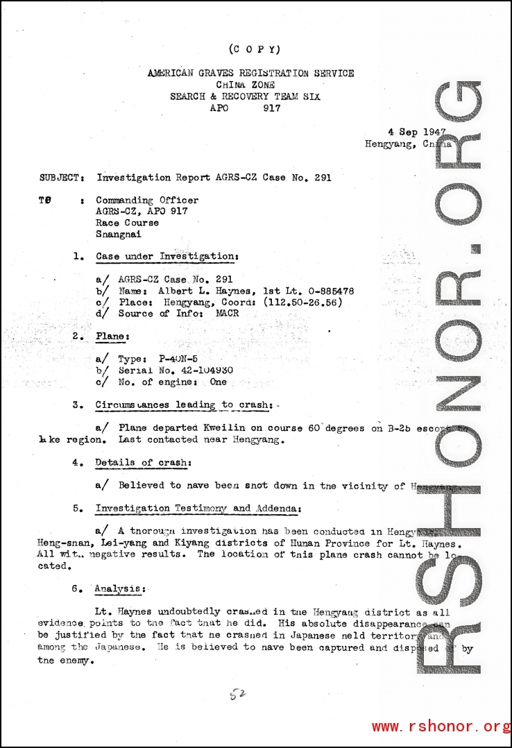 Individual Deceased Personnel File (IDPF) for Albert L. Haynes, MIA, China.