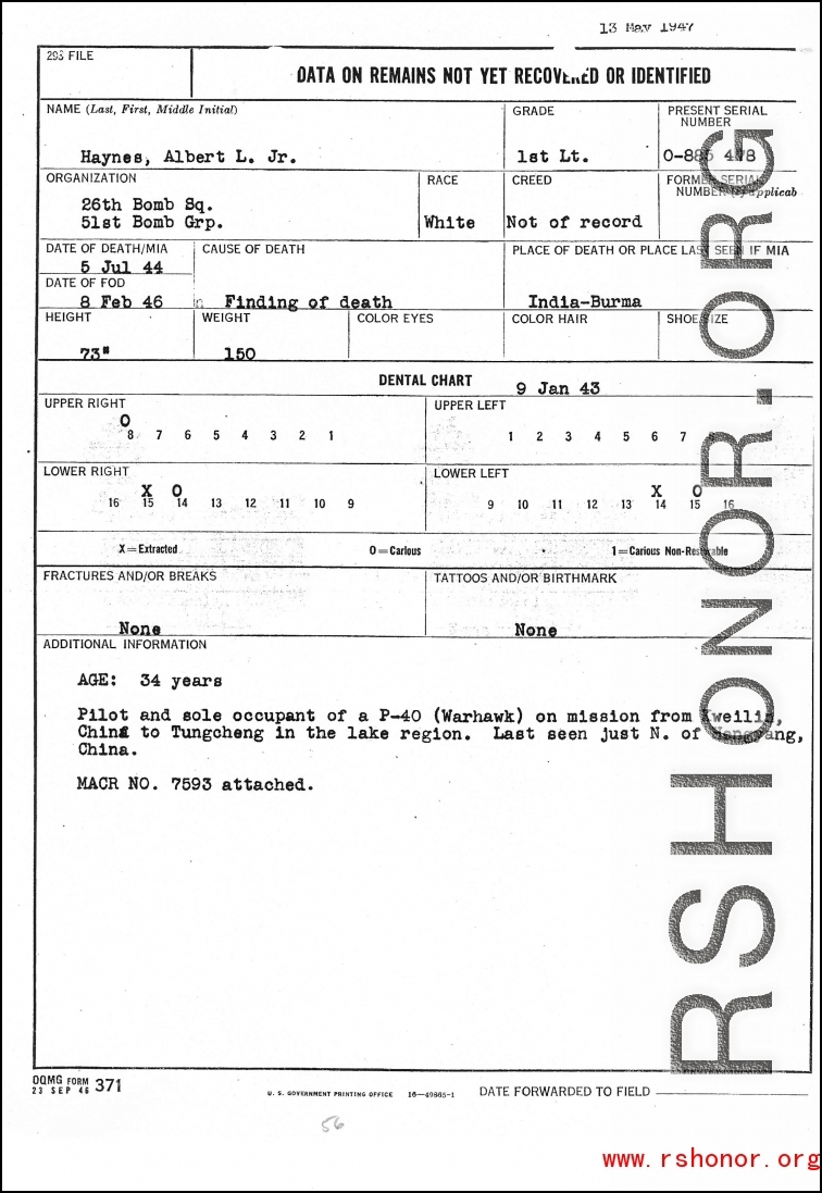 Individual Deceased Personnel File (IDPF) for Albert L. Haynes, MIA, China.