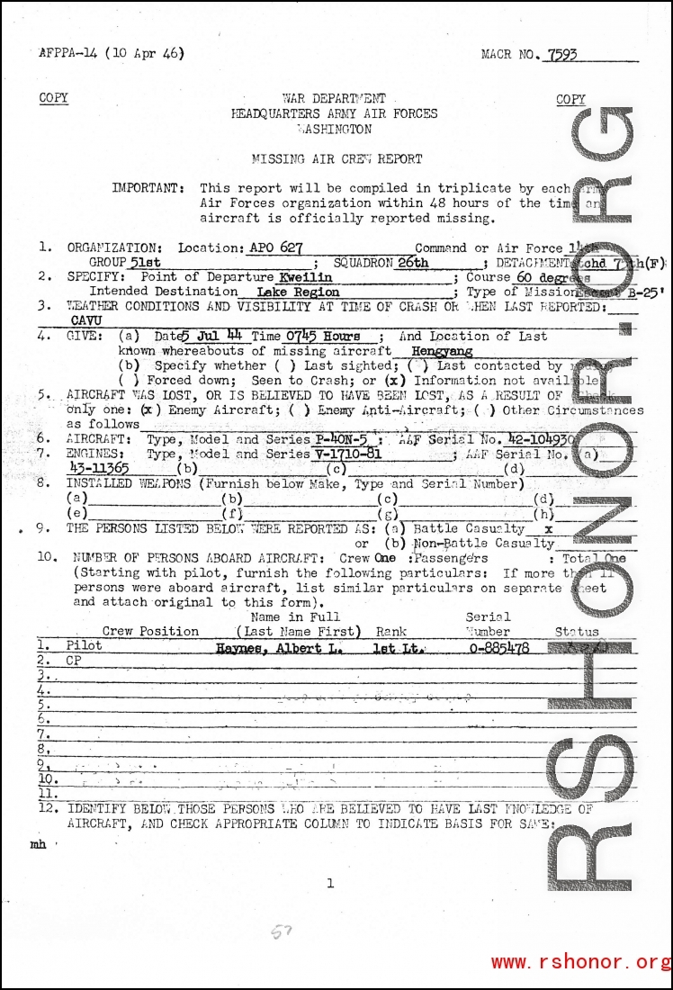 Individual Deceased Personnel File (IDPF) for Albert L. Haynes, MIA, China.