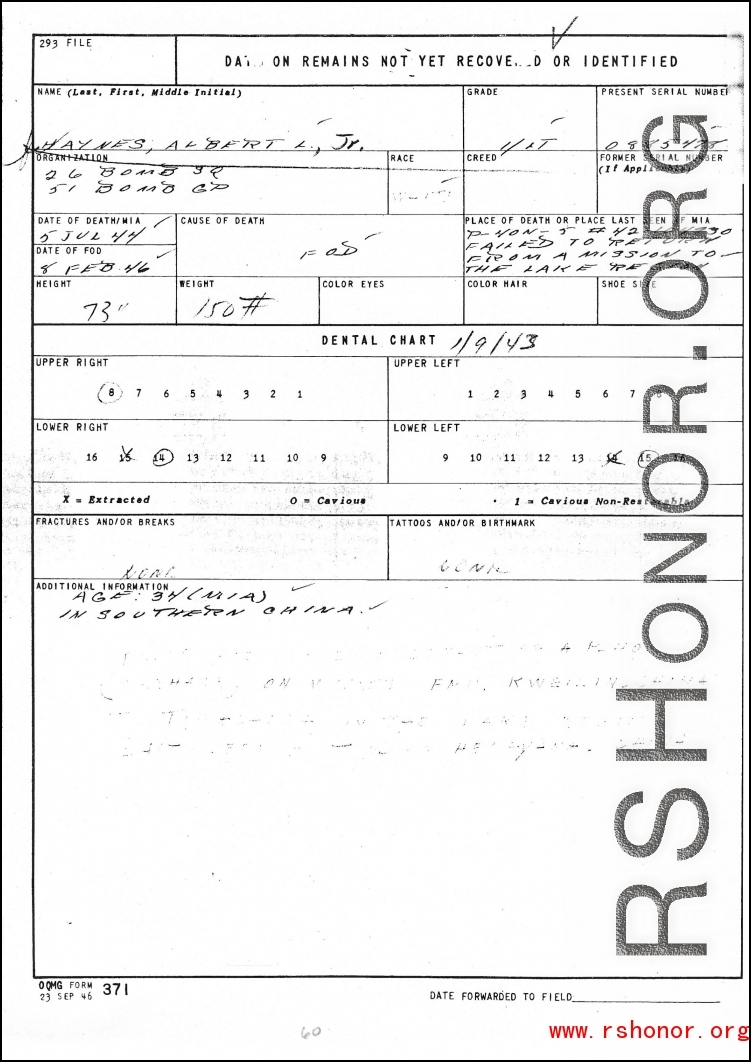 Individual Deceased Personnel File (IDPF) for Albert L. Haynes, MIA, China.