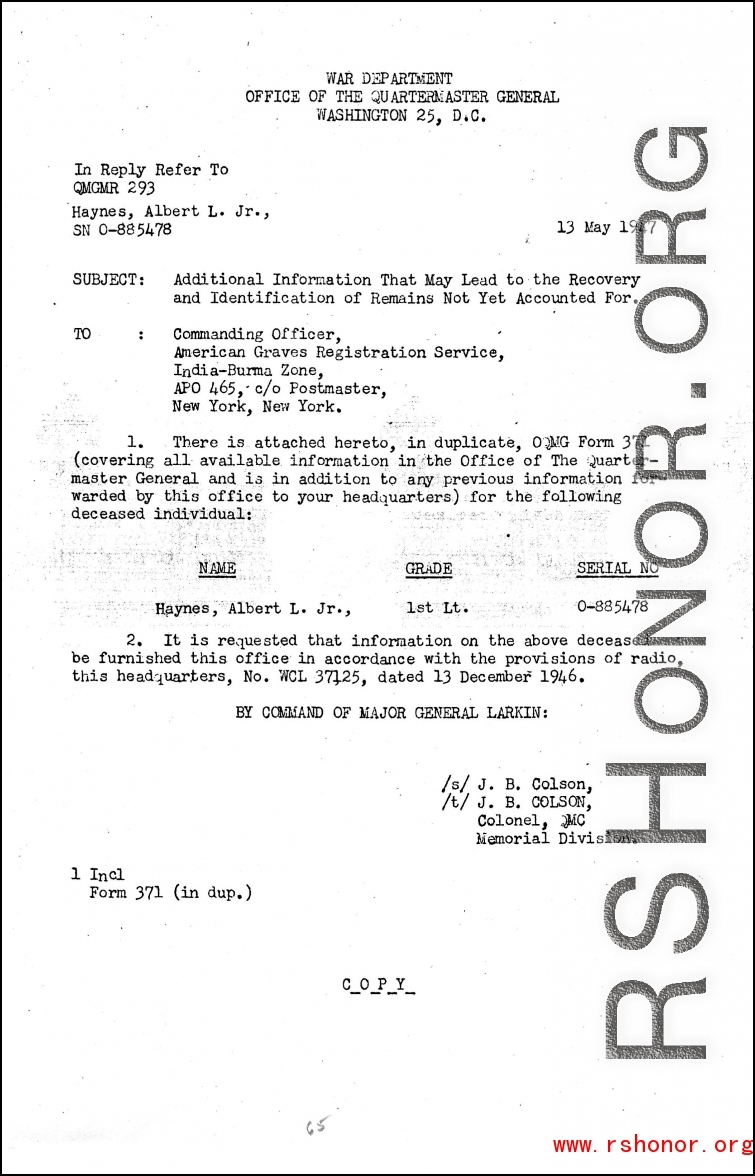 Individual Deceased Personnel File (IDPF) for Albert L. Haynes, MIA, China.