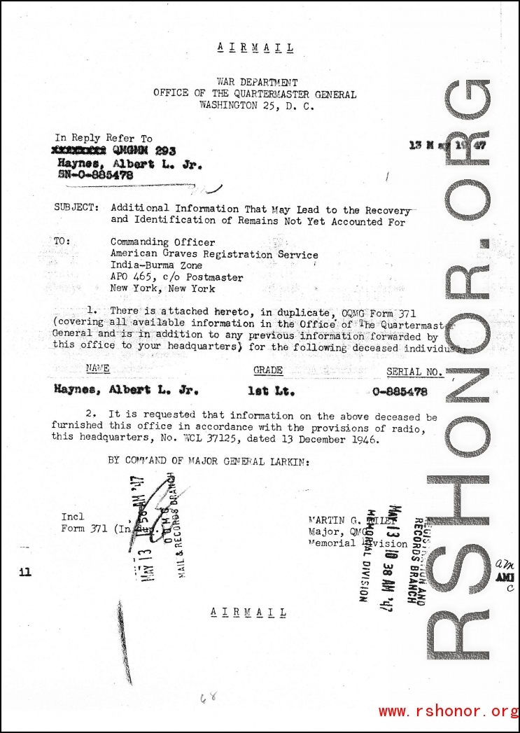 Individual Deceased Personnel File (IDPF) for Albert L. Haynes, MIA, China.