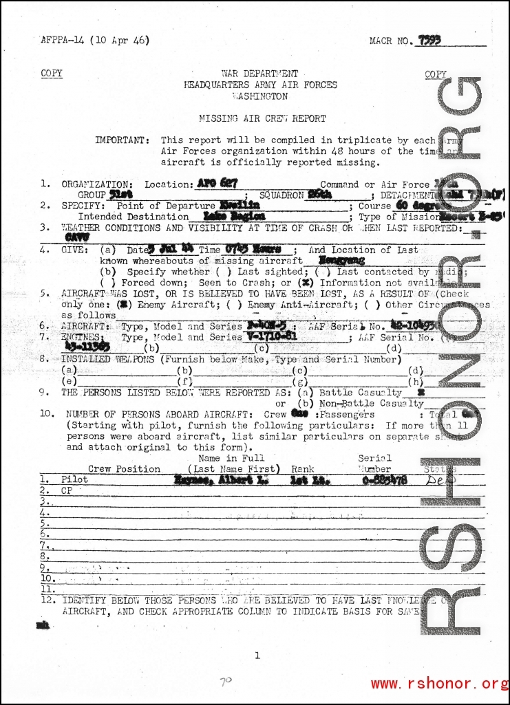 Individual Deceased Personnel File (IDPF) for Albert L. Haynes, MIA, China.