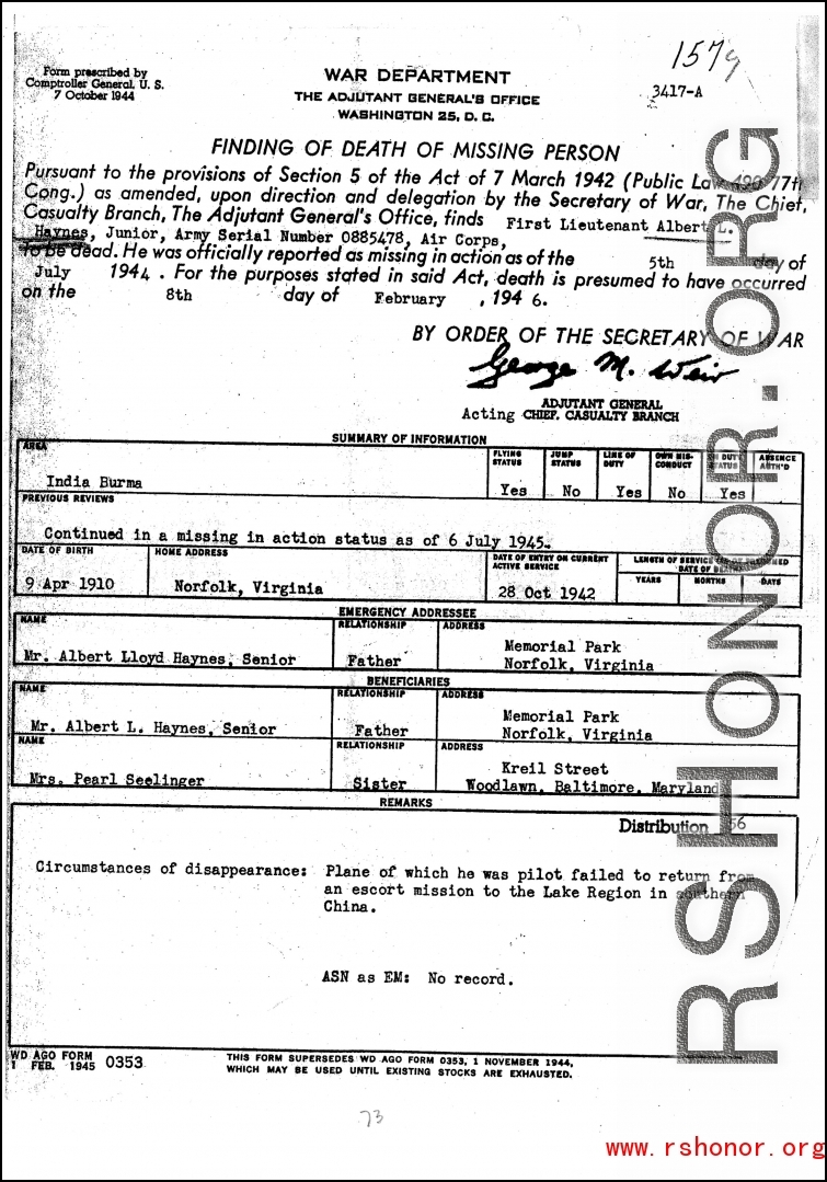 Individual Deceased Personnel File (IDPF) for Albert L. Haynes, MIA, China.