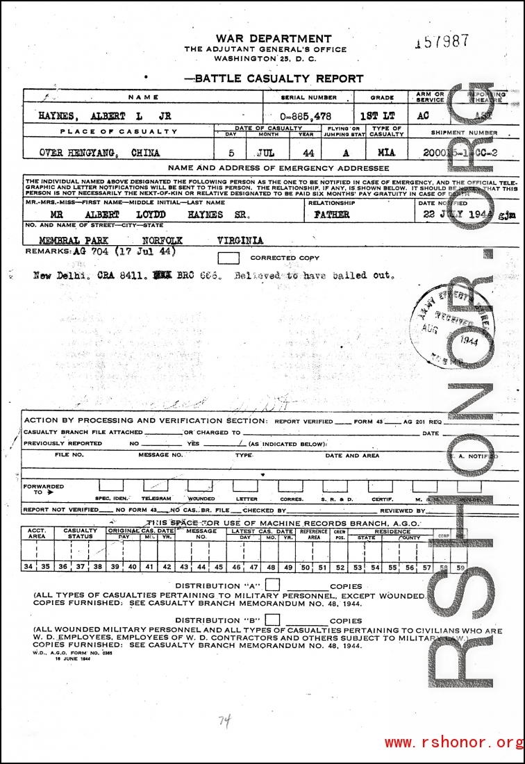 Individual Deceased Personnel File (IDPF) for Albert L. Haynes, MIA, China.