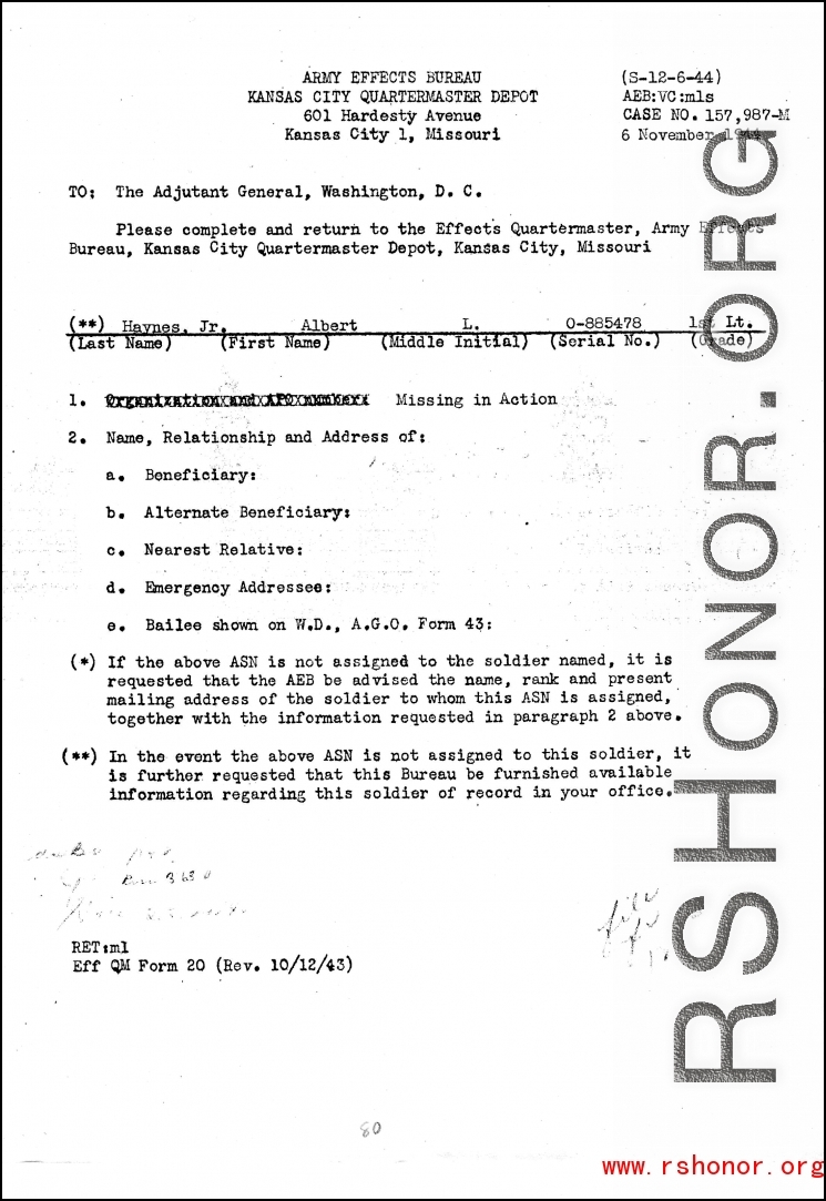 Individual Deceased Personnel File (IDPF) for Albert L. Haynes, MIA, China.