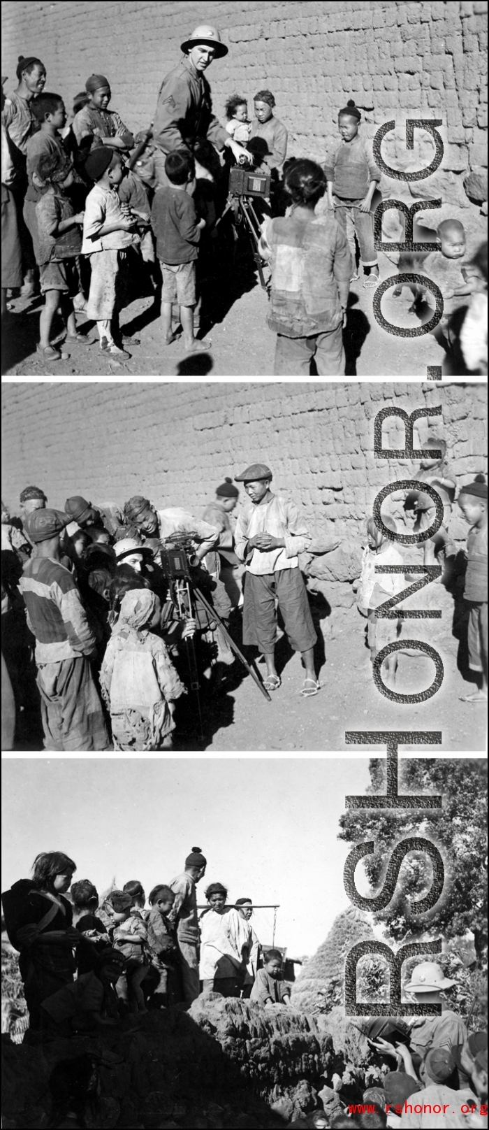 A photographer interacting in a village in Yunnan province. He's a corporal, so he hasn't been in the service very long. The pith helmet he's wearing is something GIs frequently bought in India on their way into China. The Speed Graphic he's shooting is a late model (earlier Graphics did not did not have the Military ID plate on the bottom of the door).