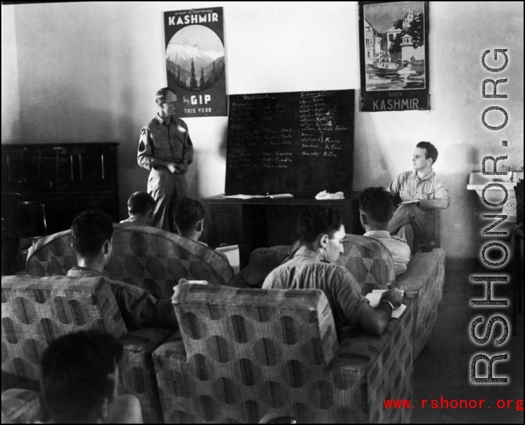 Americans at a language class in India. Wozniak's squadron was stationed at Chakulia Air Base (January 1942 thru December 1943).  However, this photo may have been taken while the unit was building up at New Malir Air Base near Karachi.