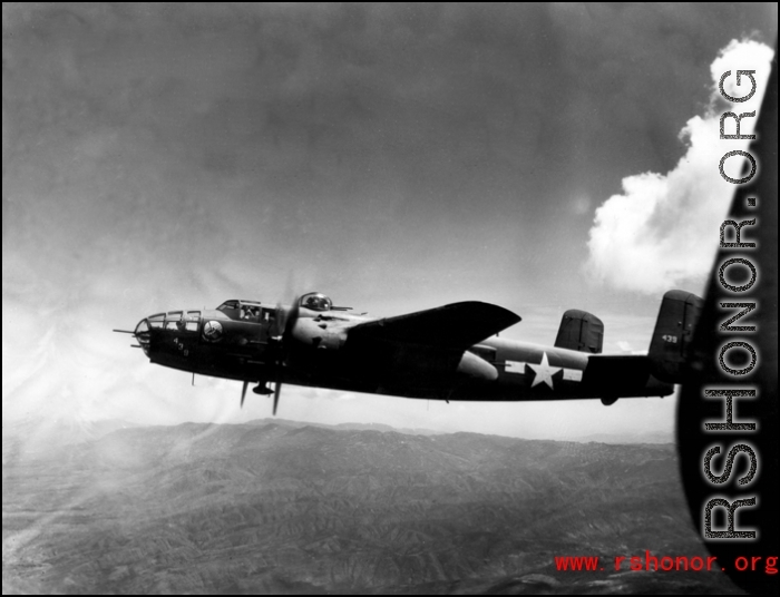 A B-25J of the 491st Bomb Squadron  flying a mission over China.  Aircraft #439 was named "Niagra's Belle".  From the collection of Eugene Wozniak.