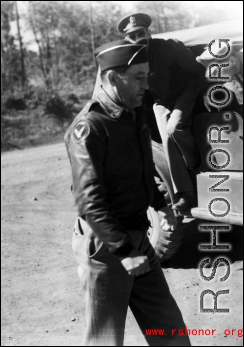 Gen. Claire Chennault during a "surprise" visit to  the 341st Bomb Group HQ at Yangkai Air Base, China.  He came for a briefing of a new bombing technique, "glip" bombing.  The B-25s of the Group became quite successful in destroying bridges using this method.  (Information from Tony Strotman)  From the collection of Eugene Wozniak.