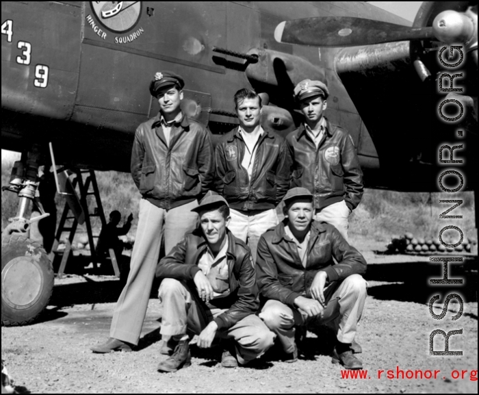 Posing beside B-25J # 439, "Niagra's Belle", of the 491st Bomb Squadron, are crewmembers; (left to right, back) Capt Kenneth R. Bridges (pilot), S/Sgt Joseph T. Young (flight engineer), Lt Arthur J. White, Jr., (bombardier); (front) T/Sgt James E. Starling and S/Sgt John H. McGee. Photo was taken at Yangkai, China.  Later Ken Bridges (January 19, 1945) and John McGee (April 2, 1945) were Killed In Action.