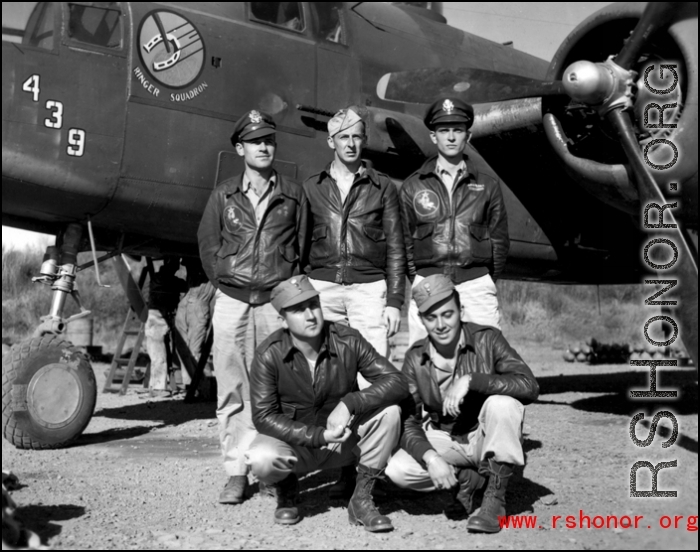 A squadron aircrew poses B-25J, #"439 of the 491st Bomb Squadron, at Yangkai, China. (left-right)  Rear; 1Lt Murtrie W. Dula (copilot); S/Sgt George E. Sisson (engineer), Capt. Thomas O. Coleman (pilot) front; S/Sgt William S. Gillis (radio) and S/Sgt John S. Morrison (gunner)