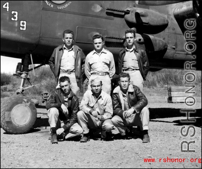 Photo opportunity with B-25J, #439, for these aircrew members of of the 491st Bomb Squadron at Yangkai, China.  The officers (rear) are Capt. Ralph P. Borgesson (pilot), Lt. Donald L. Dalton (copilot), Lt Paul W. Boeyink (bombardier) and in the front are S/Sgt Maynard T. Mann (engineer), T/Sgt Leonard C. Stamey (radio) and S/Sgt Mortn A. Giles (gunner).