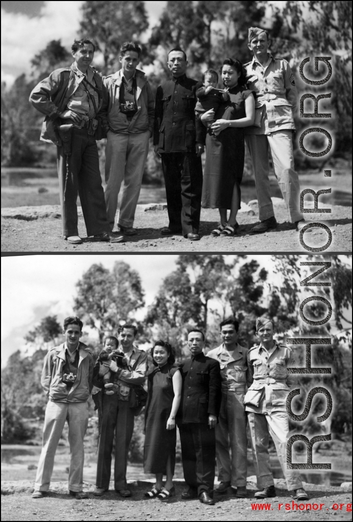 American GIs and Chinese civilians socialize in the CBI during WWII. Eugene Wozniak on far left.