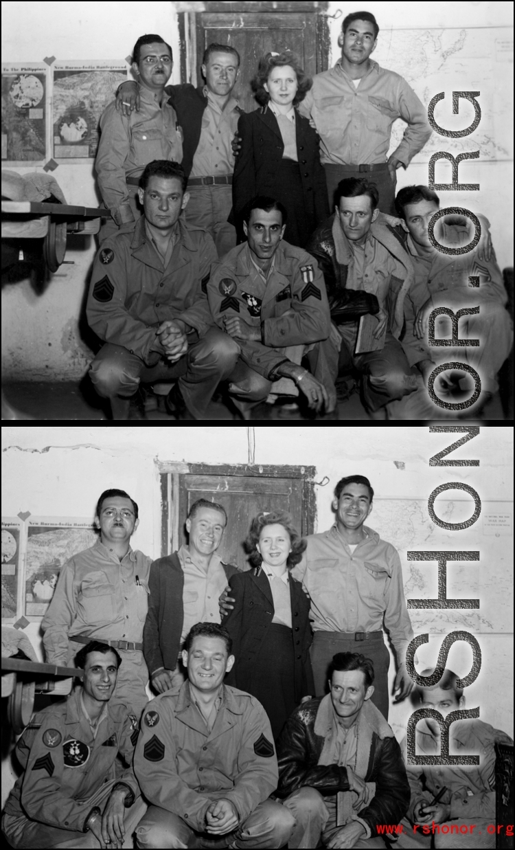 A group of Americans in the CBI pose in a building during WWII.