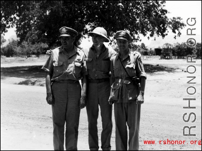 Brigadier General Caleb V. Haynes (left) and Colonel Torgils G. Wold (right) pose with Eddie Rickenbacker during his visit to the CBI theater. 