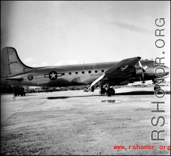 A C-54 transport in the CBI, tail number #317170.  From the collection of David Firman, 61st Air Service Group.