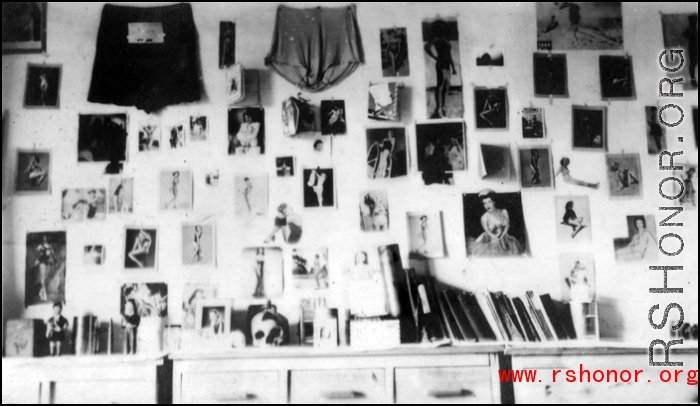 GI room decorations--mostly sexy pinups--probably at Yangkai airbase, Yunnan.  (Images provided via Tony Strotman)