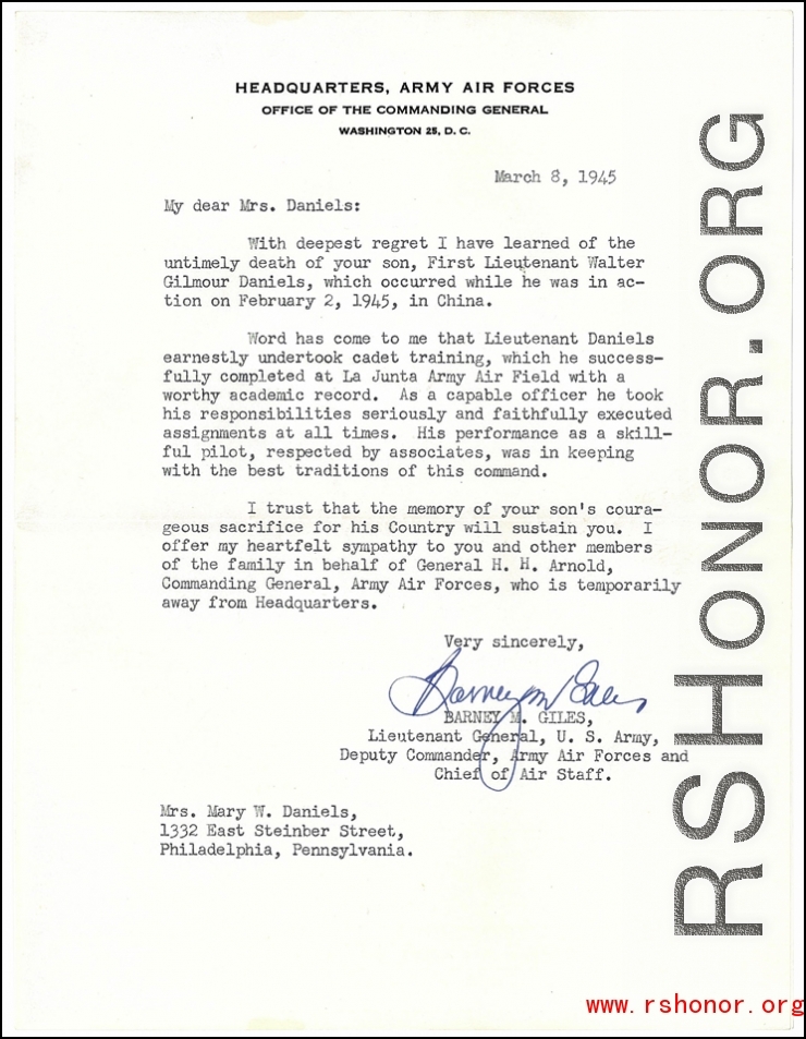 Government letter to the family of Walter G. Daniels regarding his loss in China during WWII.