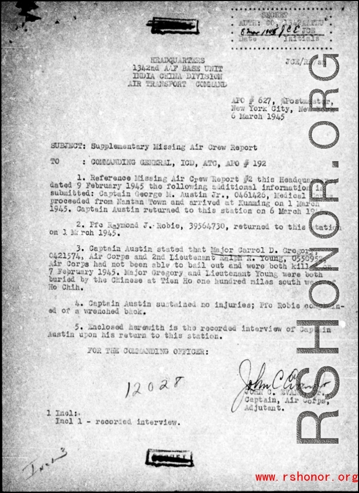 Page 2 of Missing Air Crew Report (MACR) 12028 regarding the February 7, 1945 crash of a C-47 with the loss of two American personnel and 35 Chinese personnel at Tian'e ("Tungloa"), Guangxi province.