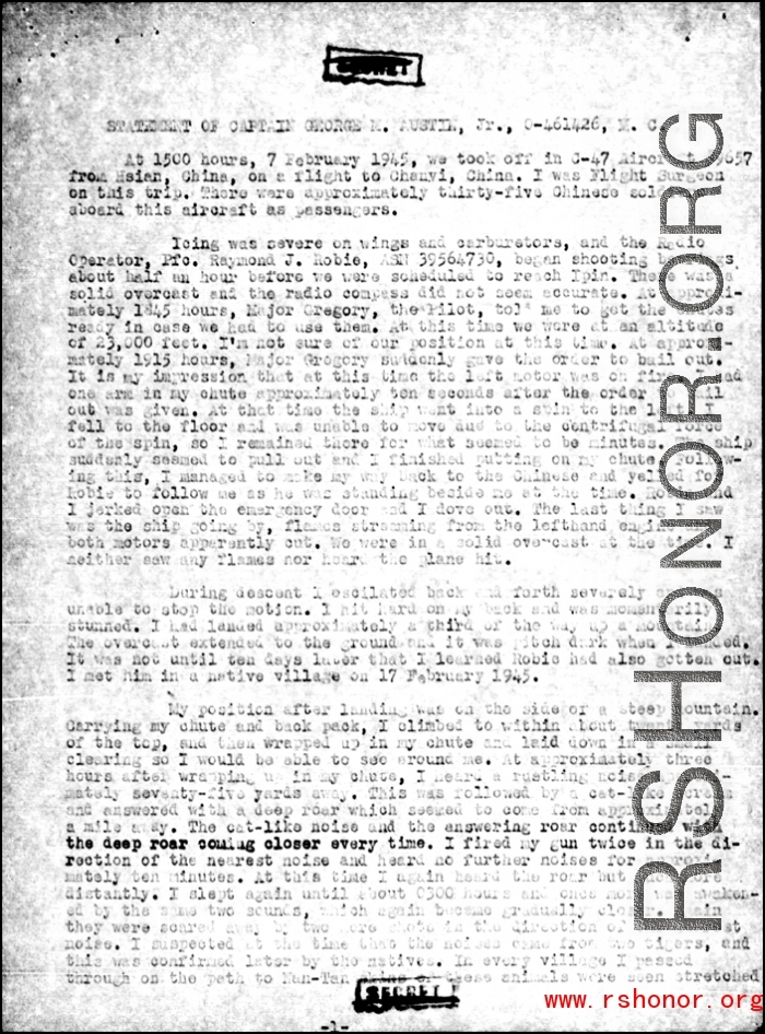 Page 4 of Missing Air Crew Report (MACR) 12028 regarding the February 7, 1945 crash of a C-47 with the loss of two American personnel and 35 Chinese personnel at Tian'e ("Tungloa"), Guangxi province.