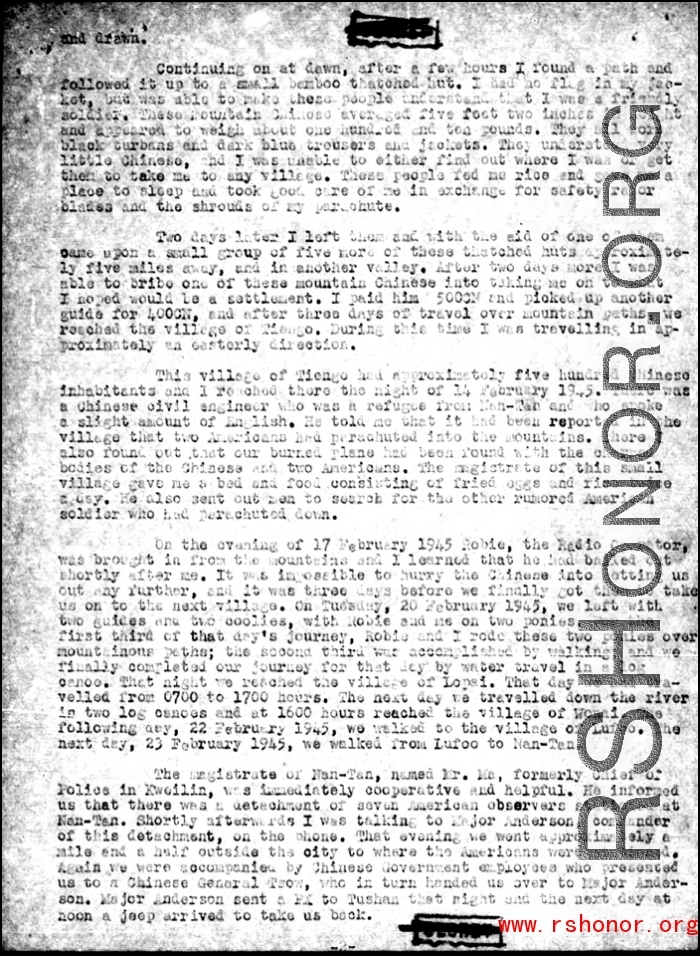 Page 5 of Missing Air Crew Report (MACR) 12028 regarding the February 7, 1945 crash of a C-47 with the loss of two American personnel and 35 Chinese personnel at Tian'e ("Tungloa"), Guangxi province. 