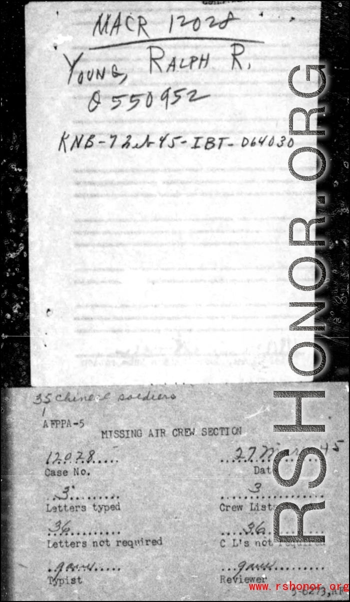 Page 6 of Missing Air Crew Report (MACR) 12028 regarding the February 7, 1945 crash of a C-47 with the loss of two American personnel and 35 Chinese personnel at Tian'e ("Tungloa"), Guangxi province.