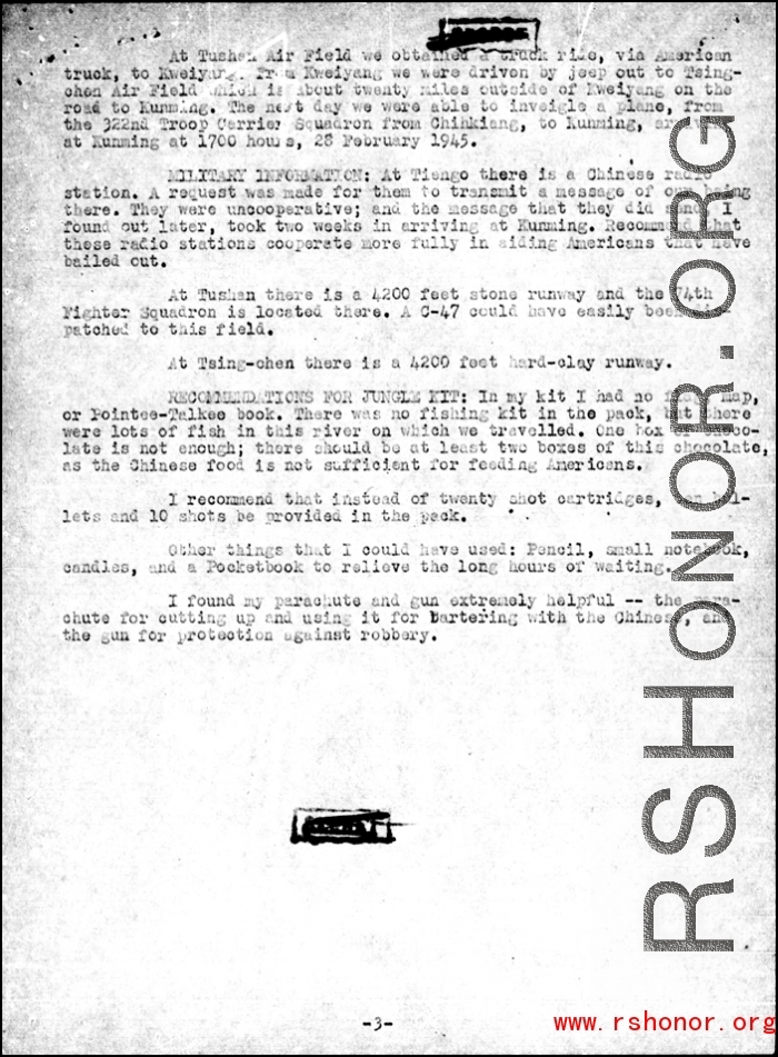 Page 6 of Missing Air Crew Report (MACR) 12028 regarding the February 7, 1945 crash of a C-47 with the loss of two American personnel and 35 Chinese personnel at Tian'e ("Tungloa"), Guangxi province.