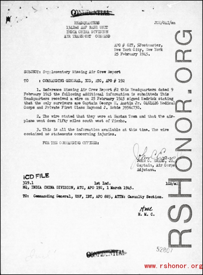 Page 8 of Missing Air Crew Report (MACR) 12028 regarding the February 7, 1945 crash of a C-47 with the loss of two American personnel and 35 Chinese personnel at Tian'e ("Tungloa"), Guangxi province.