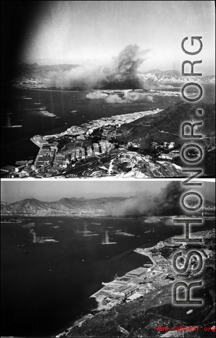 A bruised Hong Kong receding behind as the US plane carrying the photographer flies to the southwest, out to sea, after the attack. 