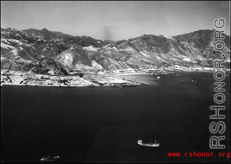 Aerial view from a mission on Hong Kong, 491st Bomb Squadron, showing environs of Hong Kong.