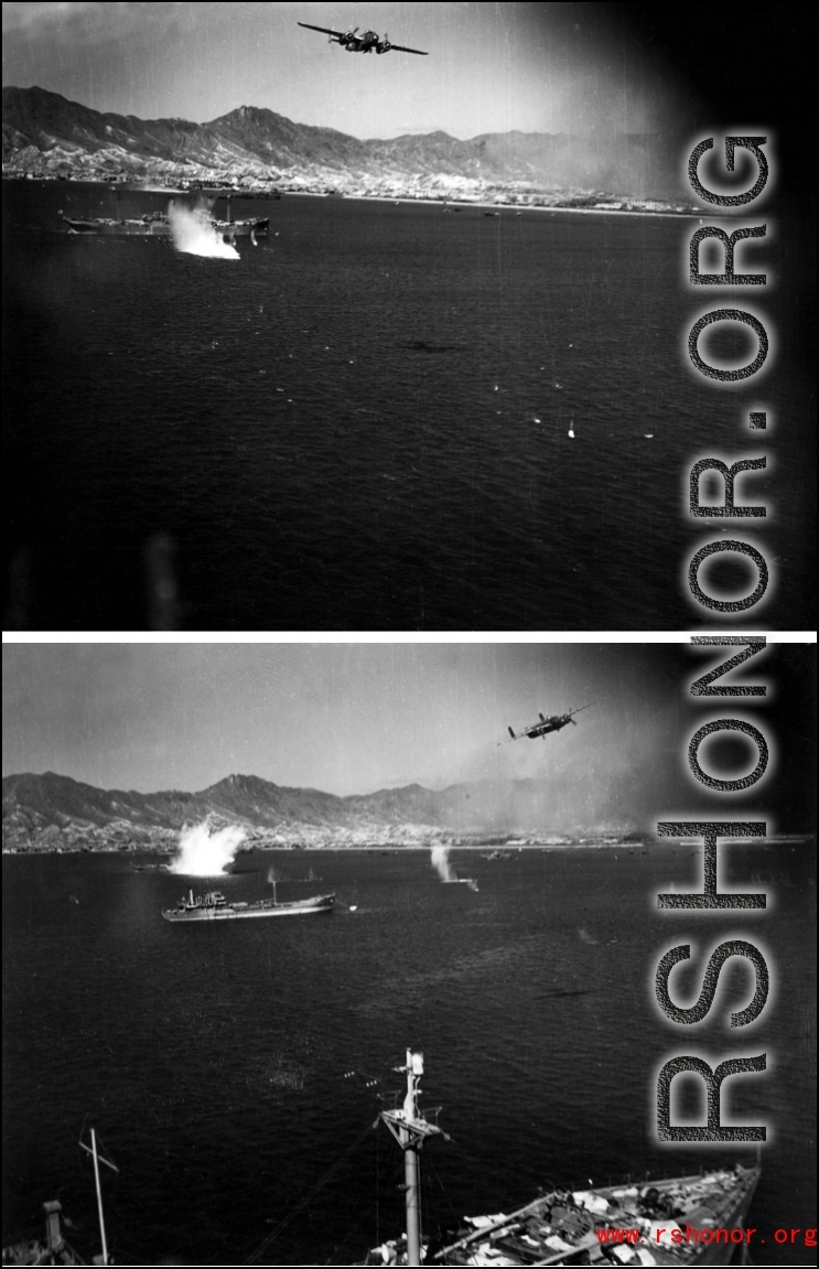 Looking back at a B-25 as it runs across Hong Kong harbor close to the deck in attack.