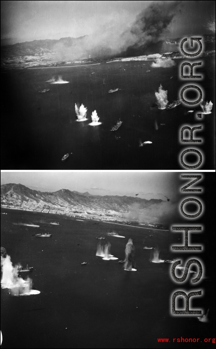 Fury and havoc on Japanese shipping. These two images, in such close succession, tell us that there were at least two photographers on that mission.  From a mission on Hong Kong, 491st Bomb Squadron.  