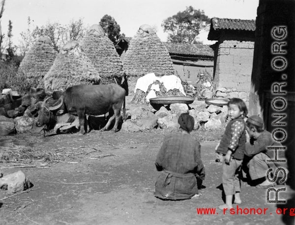 Villages take a break in China, against a backdrop of rice straw mounds.