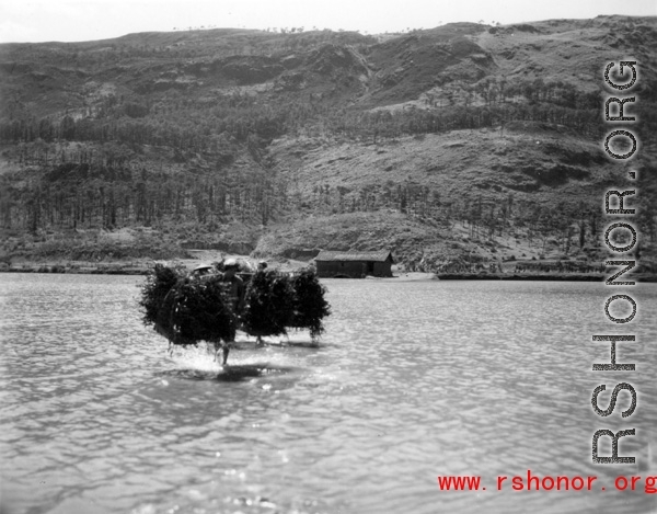 People carry branches across a stretch of very shallow water at Yangkai, Yunnan province, China.