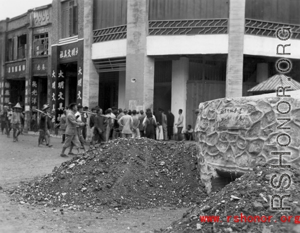 A fortified bunker at a street intersection in Liuzhou city, Guangxi province, during WWII, in the summer or fall of 1944 during the Japanese push south in the Ichigo campaign.