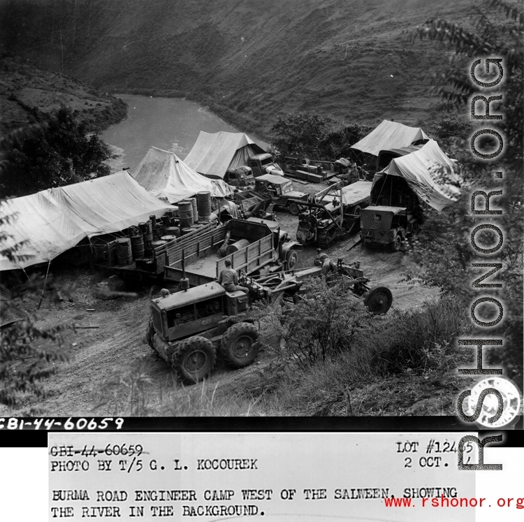 October 2, 1944  Burma Road Engineer camp west of the Salween, showing the river in the background.  Photo by T/5 G. L. Kocourek