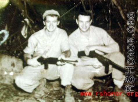 Staff Sgt John "JACK" Flynn (left) and friend in Burma during WWII. He was a member of the 998th Signal Corp, and served duty in Central Burma. It was hard service, and Sgt. Flynn experienced illnesses, and was even kicked by a mule at one point.