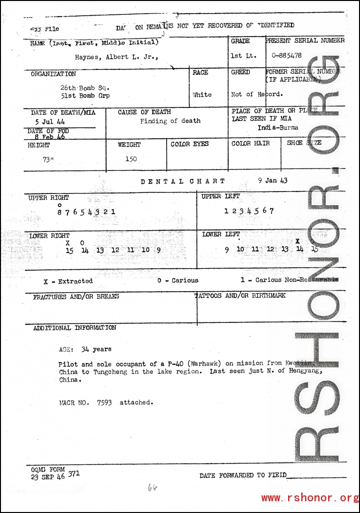 Individual Deceased Personnel File (IDPF) for Albert L. Haynes, MIA, China.