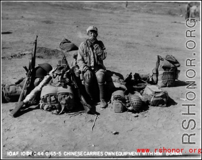 10AF 10 DEC 1944 G165-5 Chinese carries own equipment with him Burma during WWII.