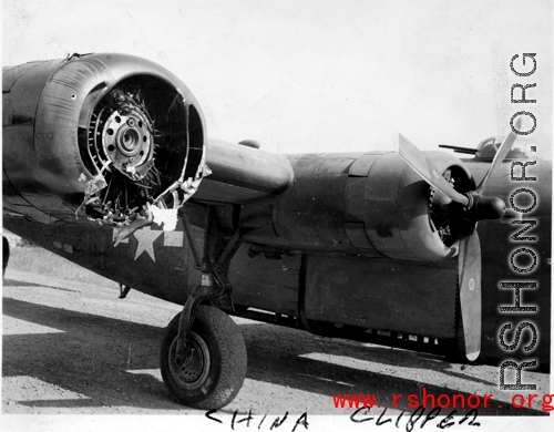 The B-24 "China Clipper" showing damage to engine.  Selig Seidler was a member of the 16th Combat Camera Unit in the CBI during WWII.