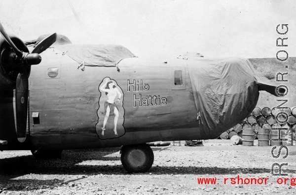 The B-24 "Hilo Hattie" in the CBI, with revetment visible behind.