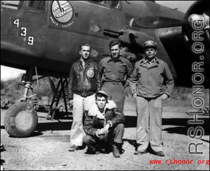 American servicemen with the B-25H "439", of the 491st Bomb Squadron, at Yangkai Air Base, Yunnan Province in the CBI.  In unknown order they are identified as Lt Vincent J. Piazza, Jr. (bombardier), S/Sgt Arthur E. Jones (negineer-gunner), T/Sgt Raymond G. Jeanes (radio- gunner) and T/Sgt Scott F. Mitchell (armorer-gunner).