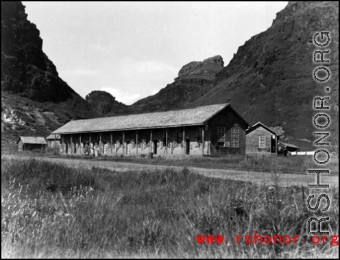 On of the barracks (hostels) used by U.S. Army Air Force personnel at Kweilin, China, prior to Sep. 1944.  From the collection of Hal Geer.