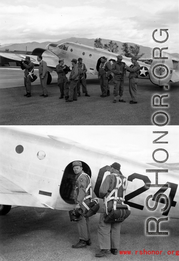 Combat photographers train for aerial work in the US before deployment overseas during WWII, on a AT-11. Note the clean new parachutes strapped to the nervous photographers.  Aircraft serial #127339.