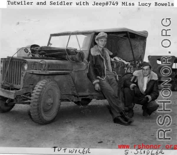 Tutwiler (left) and Selig Seidler (right) with jeep #749 "Miss Lucy Bowels" in southwest China, during the Second World War.