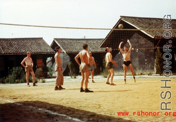 Americans play volleyball at a rest camp in China, almost certainly Camp Schiel, in Yunnan, during WWII.