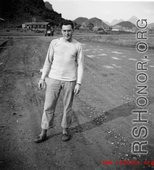 Selig Seidler, at Guilin (Kweilin) or Liuzhou (Liuchow) base, in Guangxi province, China, during the Second World War.  Selig Seidler was a member of the 16th Combat Camera Unit in the CBI during WWII.