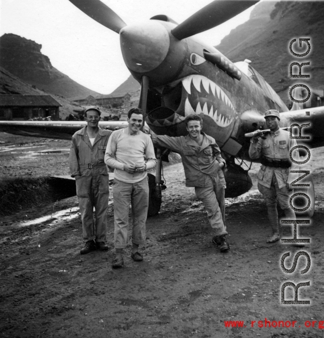 T.T. Hale, S. Seidler, G. Feldman and a Chinese soldier at Guilin (Kweilin) base, in Guangxi province, China, during the Second World War.  Selig Seidler was a member of the 16th Combat Camera Unit in the CBI during WWII.