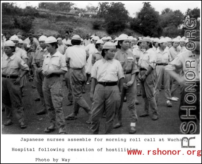 Japanese nurses assemble for morning call at the Wuchang Hospital after the hostilities had ceased. Photo by Way. In the CBI.